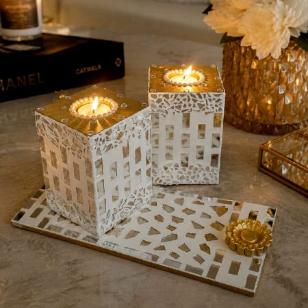 Handcrafted Mirror Mosaic Pillar Tealight Holder with Tray Pair